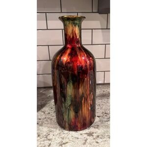 Red Gold Green Drip Glaze Glass Bottle Vase Metallic Abstract 15" 0786-RU305